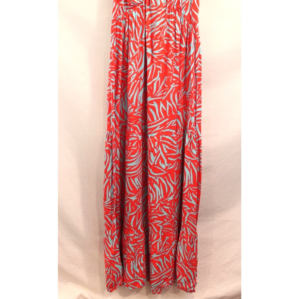 Womens Rayon Maxi Dress size M Red Blue Lined Geometric Smocked Back Boho Chic - Picture 6 of 11